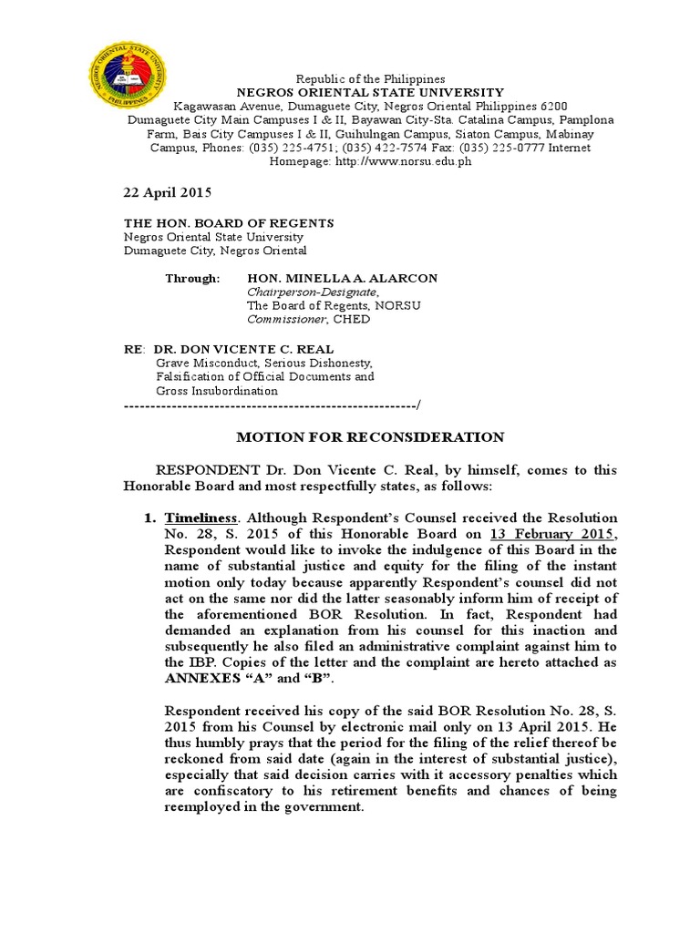 Motion for Reconsideration of Dismissal | PDF | Due Process Clause ...