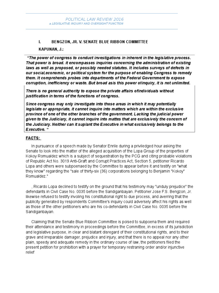 Legislative Inquiry Limits in Bengzon Case | PDF | Executive Privilege ...
