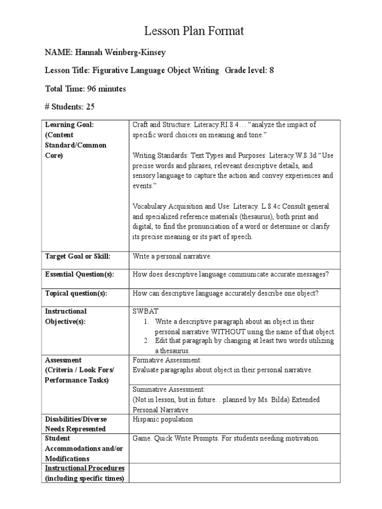 8th Grade Figurative Language Lesson Plan | PDF | Educational ...