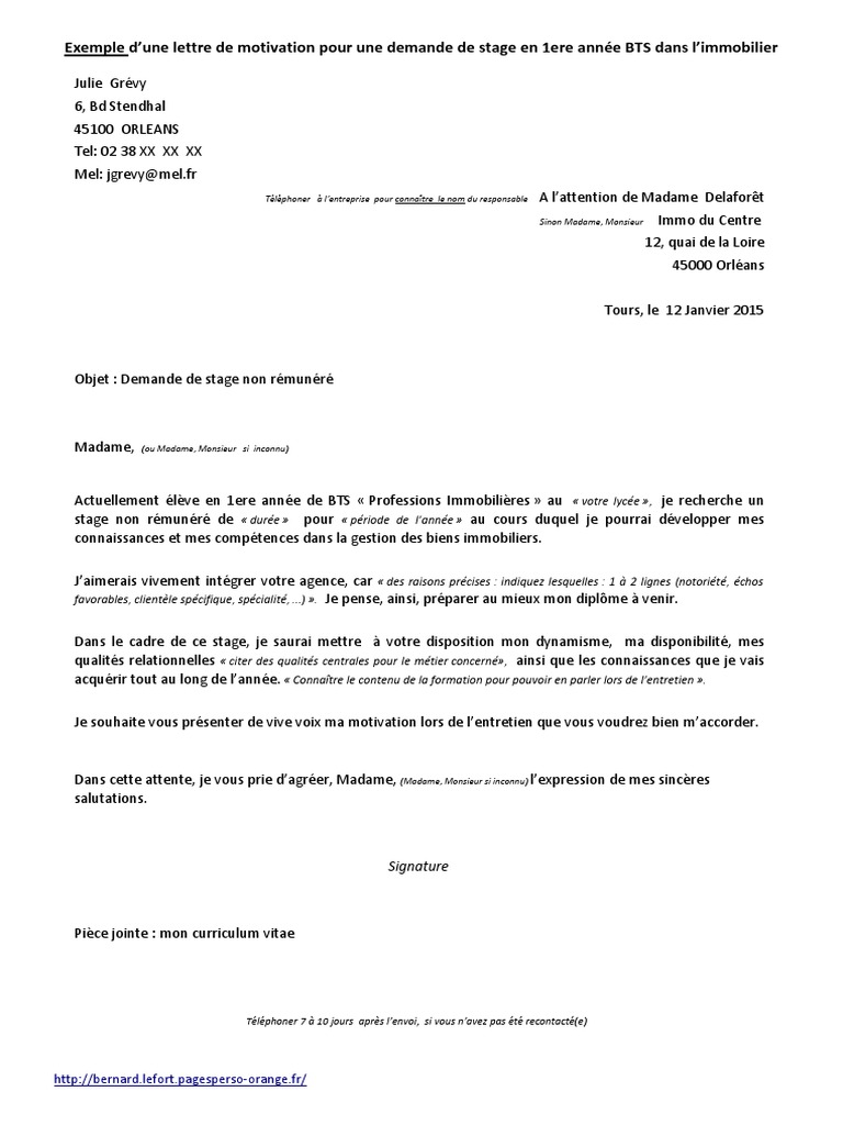 Lettre de Motivation Demande de Stage Business Motivation