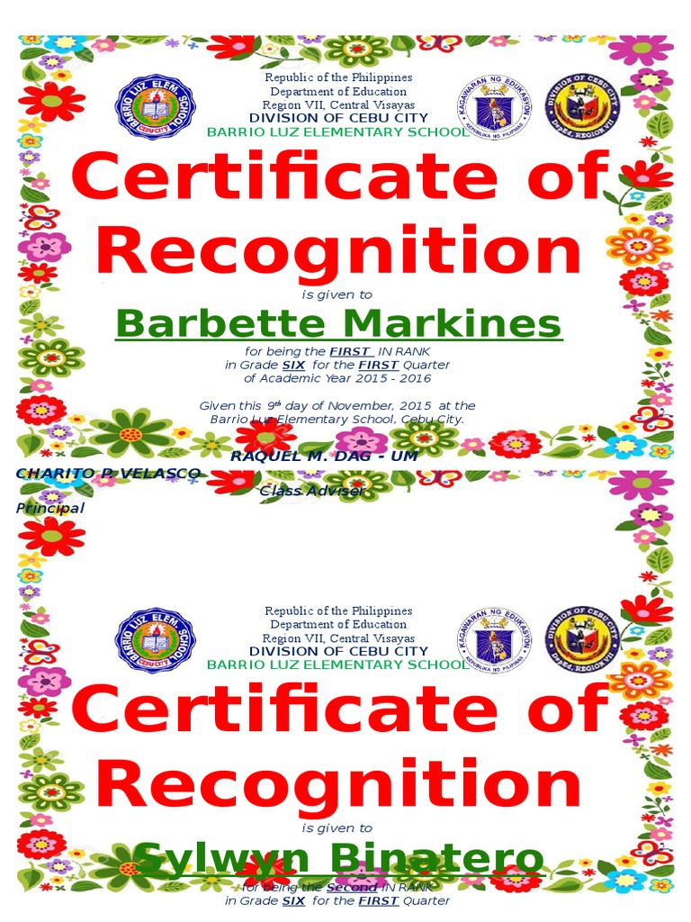 Certificate of Recognition Honors