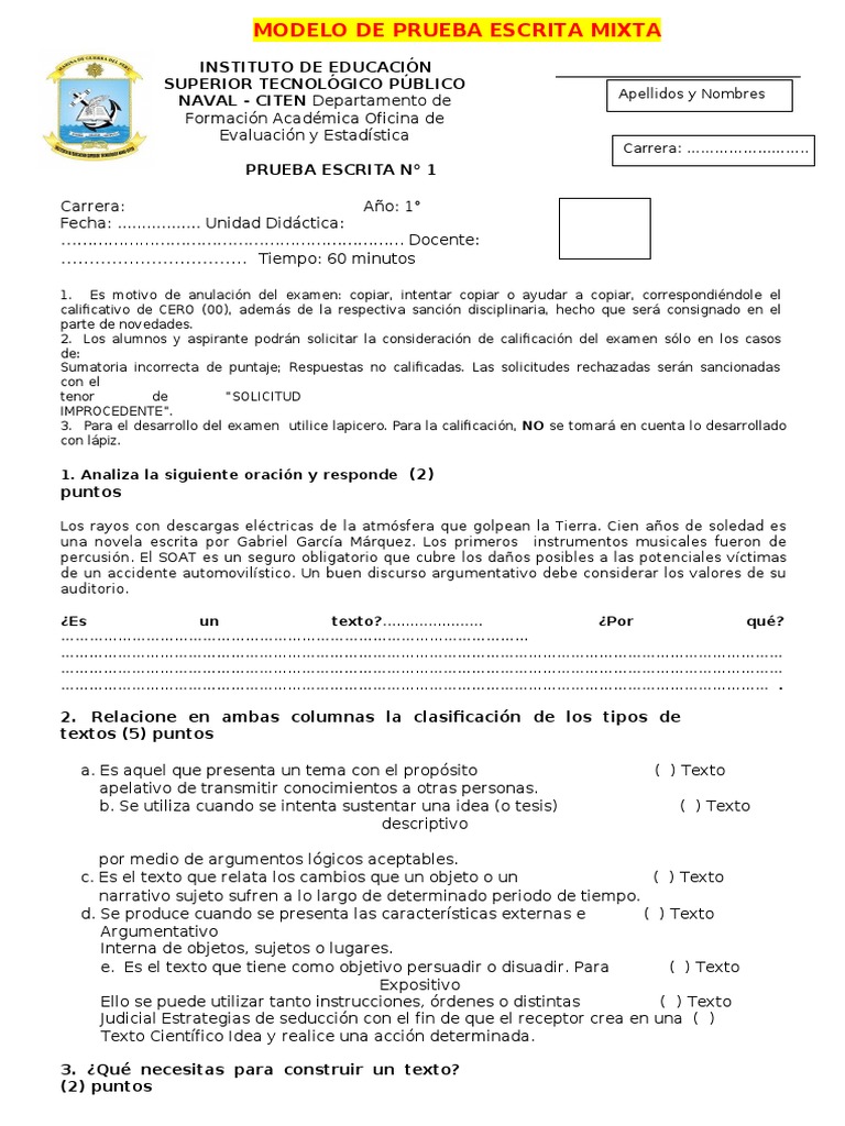 Modelo De Prueba Escrita Mixta Pdf Prueba Evaluación Science