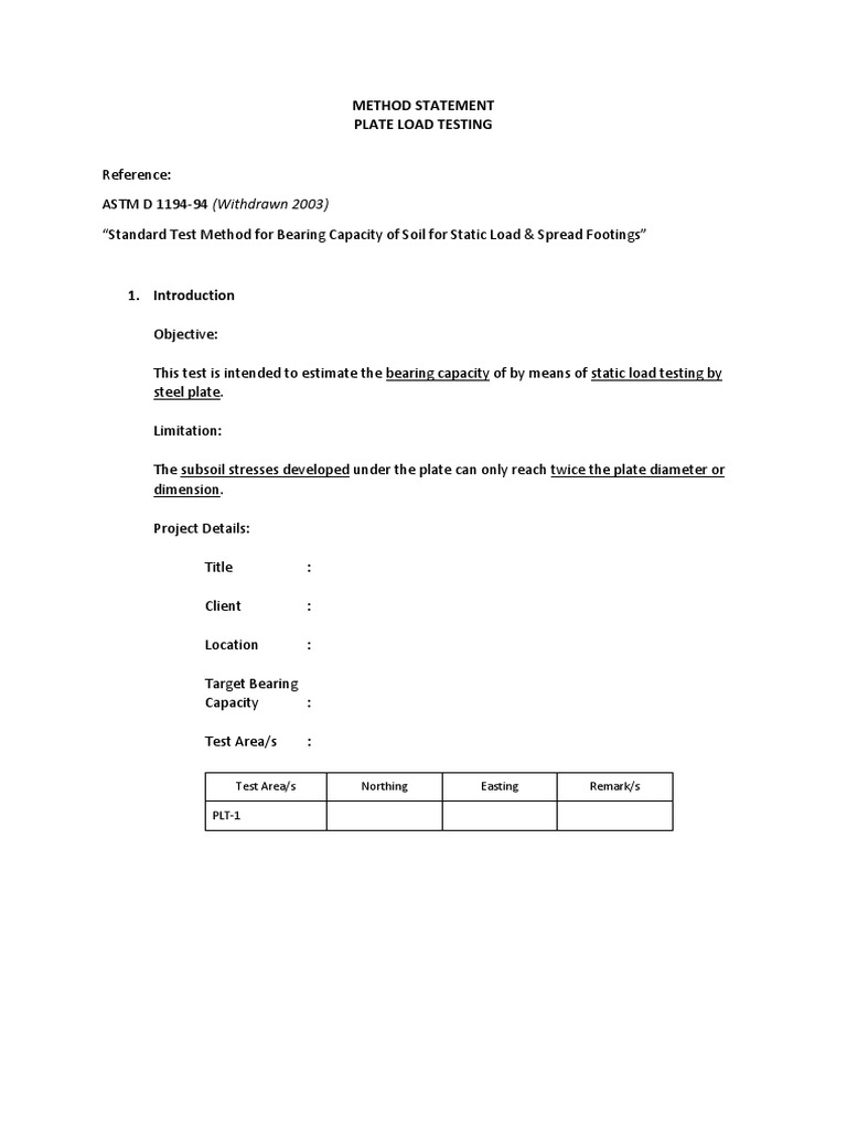 Plate Load Test Method Statement | PDF | Calibration | Engineering