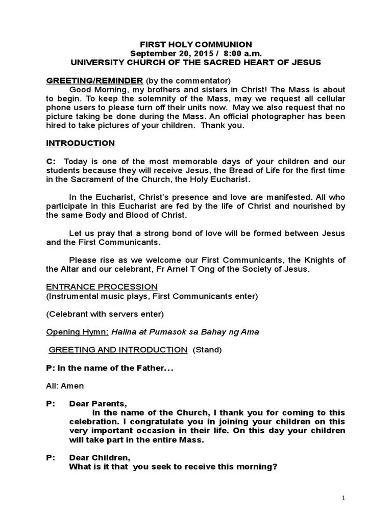 First Holy Communion Mass Outline | PDF | God The Father | Eucharist