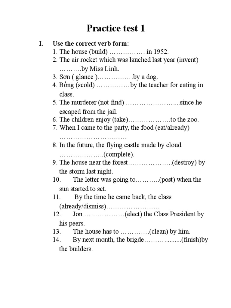 Practice Test 1: I. Use The Correct Verb Form | PDF | Home & Garden