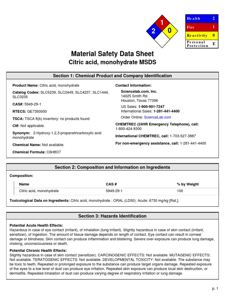 Msds citric pdf flammability personal protective equipment