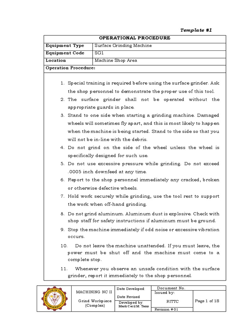Equipment Type Equipment Code Location Operation Procedure PDF Machining Grinding