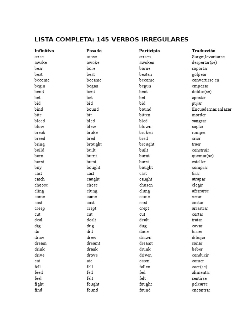 Lista Completa Verbos Irregulares | PDF