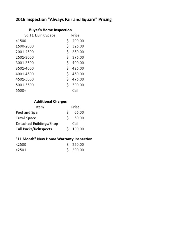 2016 Home Inspection Pricing Guide | PDF | Home & Garden