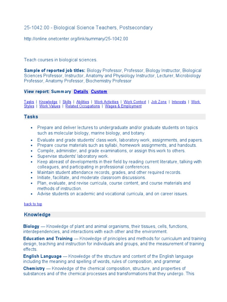 251042.00 Biological Science Teachers, Postsecondary Tasks