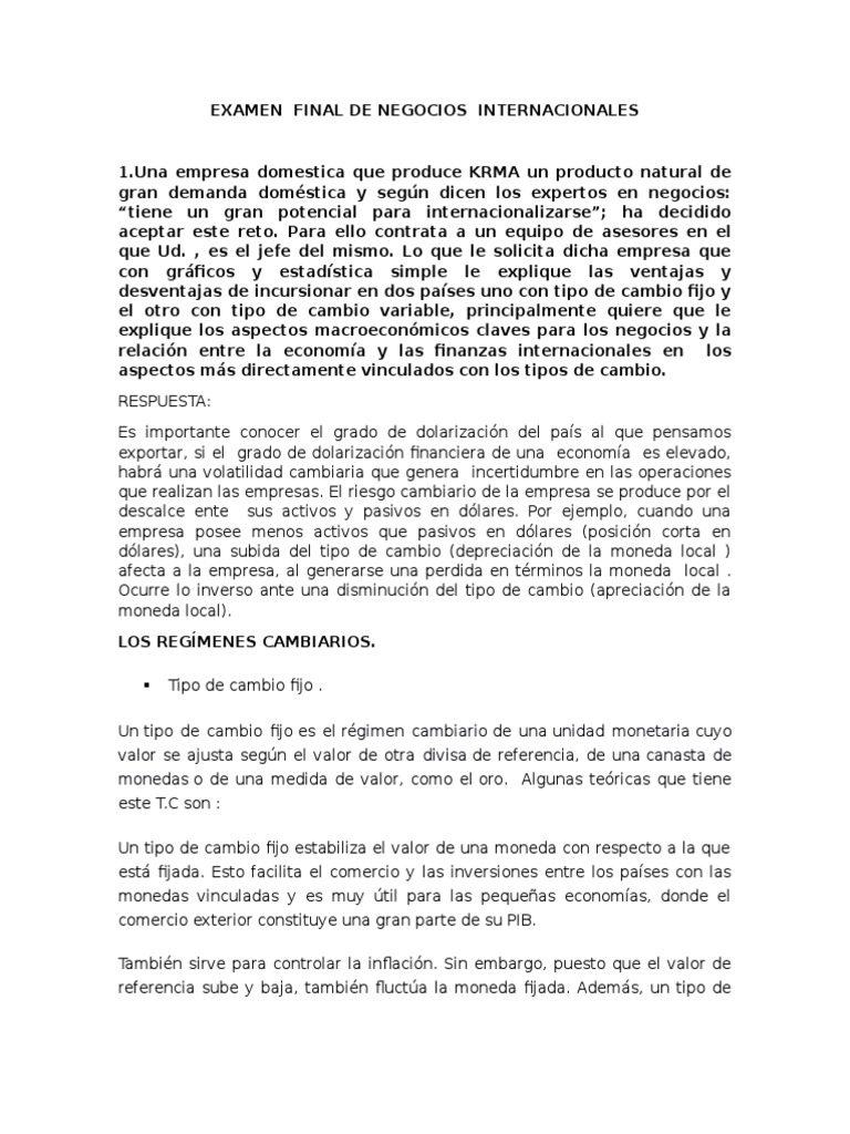 Examen Final De Negocios Internacionales Pdf Tipo De Cambio Sistema De Tipo De Cambio Fijo