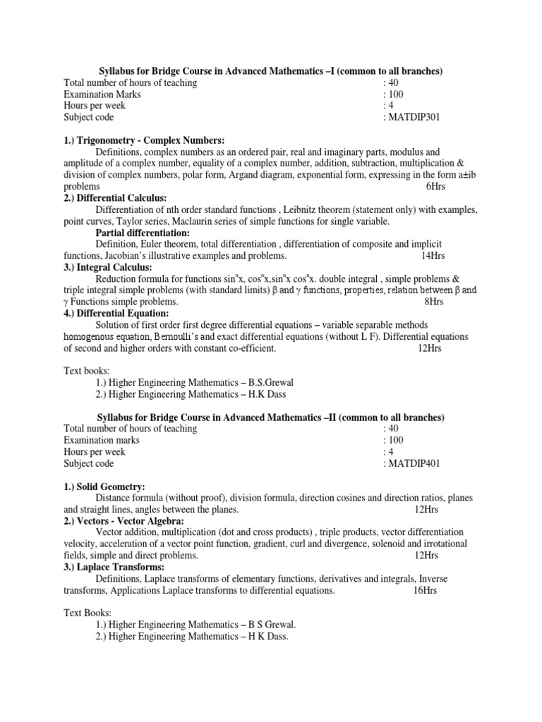 Advanced Mathematics Bridge Course Syllabus | PDF | Complex Number ...