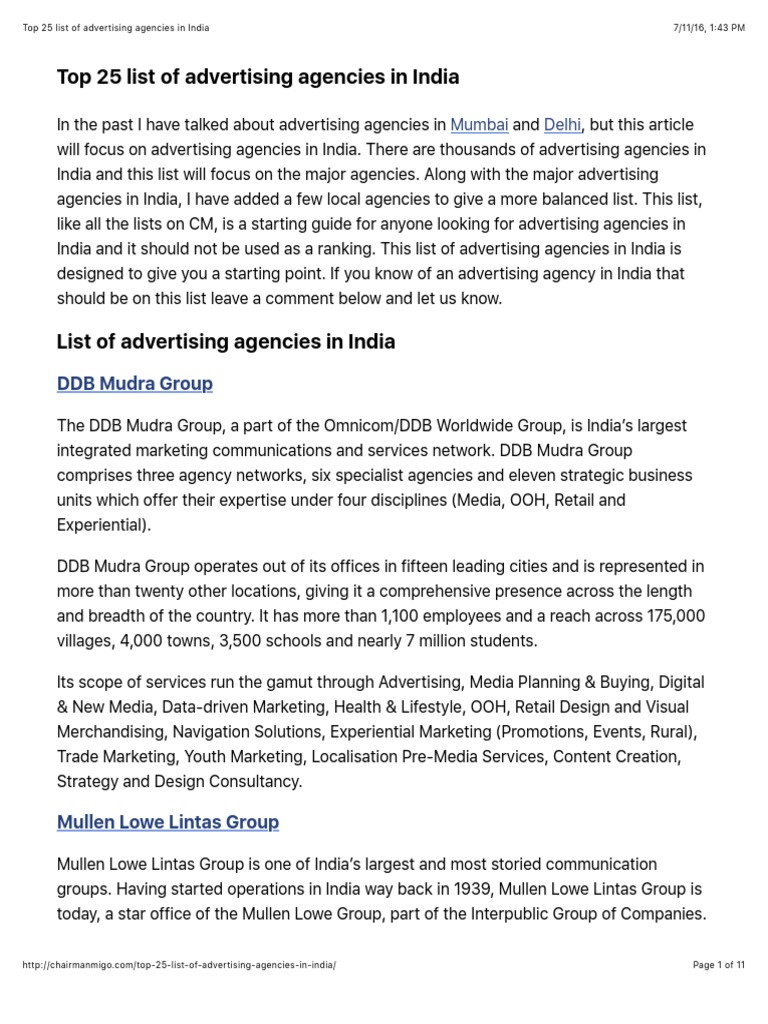 Top 25 List of Advertising Agencies in India PDF | PDF | Advertising ...