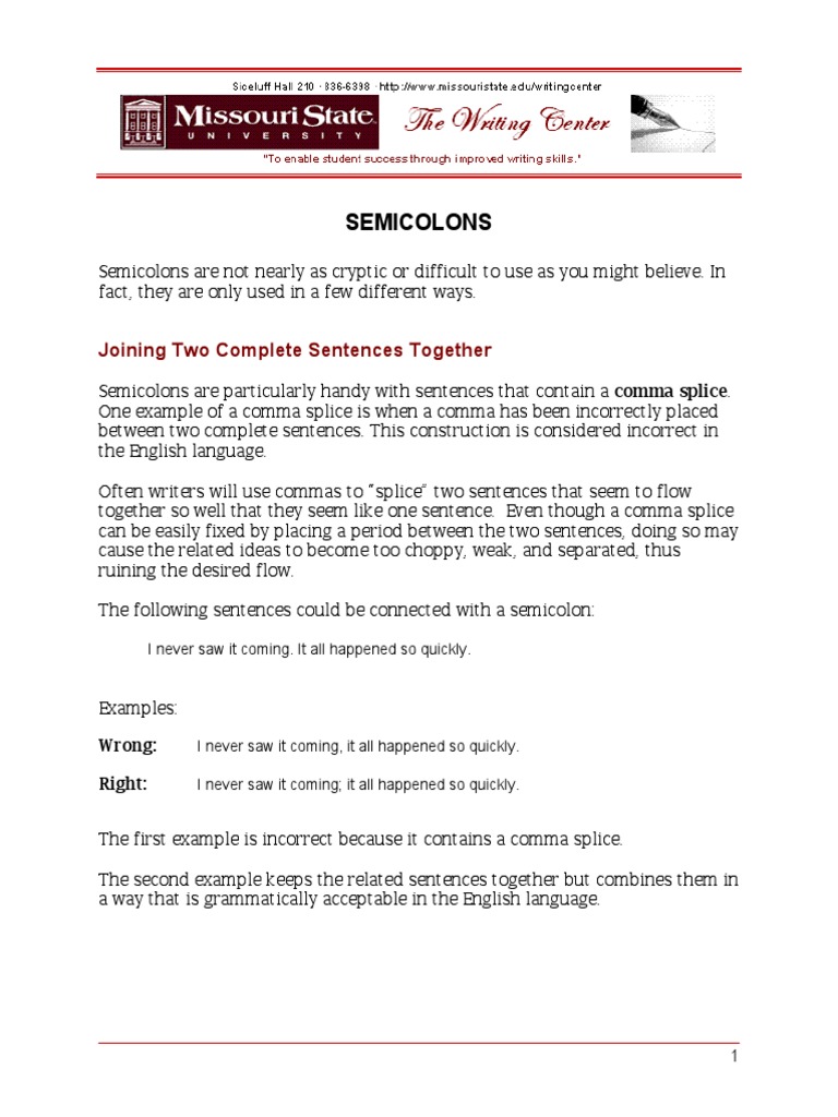 Semicolons Joining Two Complete Sentences Together Pdf