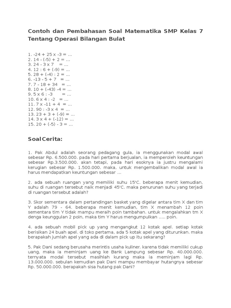 Contoh dan Pembahasan Soal Matematika SMP Kelas 7 Tentang Operasi Bilangan Bulatcx