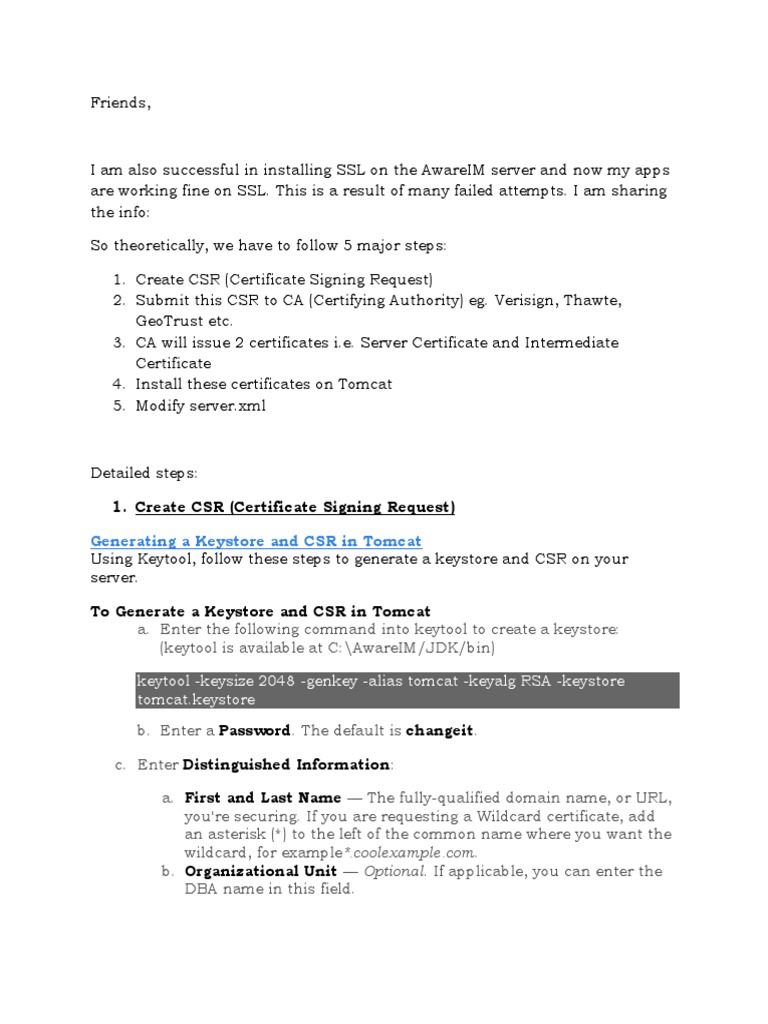 Installing SSL on AwareIM with Tomcat | PDF | Public Key Certificate ...