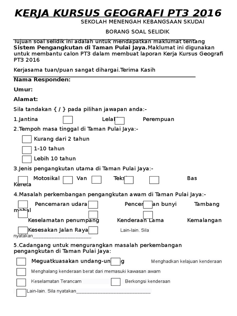 Pengangkutan Awam Contoh Borang Soal Selidik Geografi ...