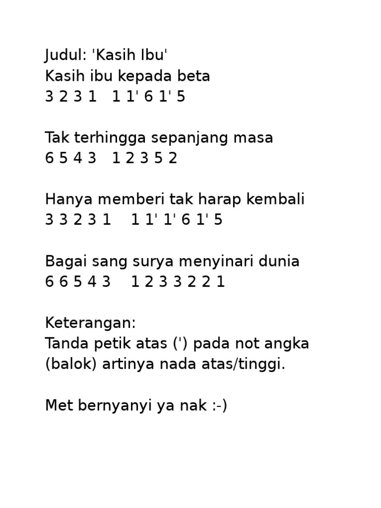 Not Lagu Kasih Ibu | PDF