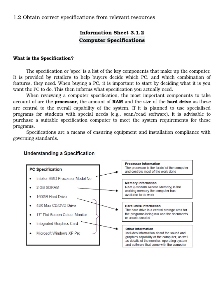 Information Sheet 3.1.2 Computer Specifications: 1.2 Obtain Correct ...