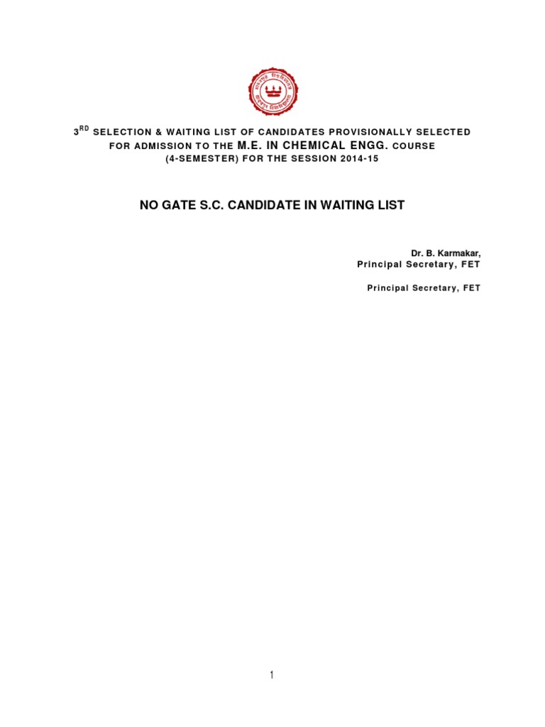No Gate S.C. Candidate in Waiting List M.E. in CH E Mic Al Engg PDF
