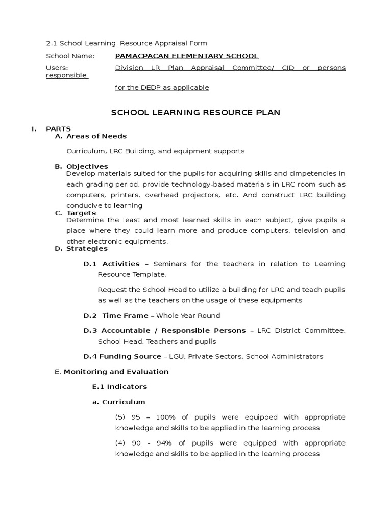 School Learning Resource Plan PDF