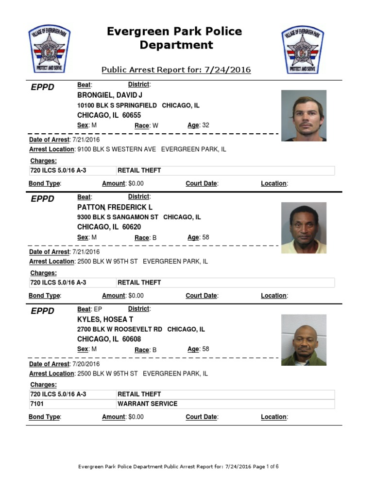 Evergreen Park Arrests 07130721, 2016 PDF Criminal Justice