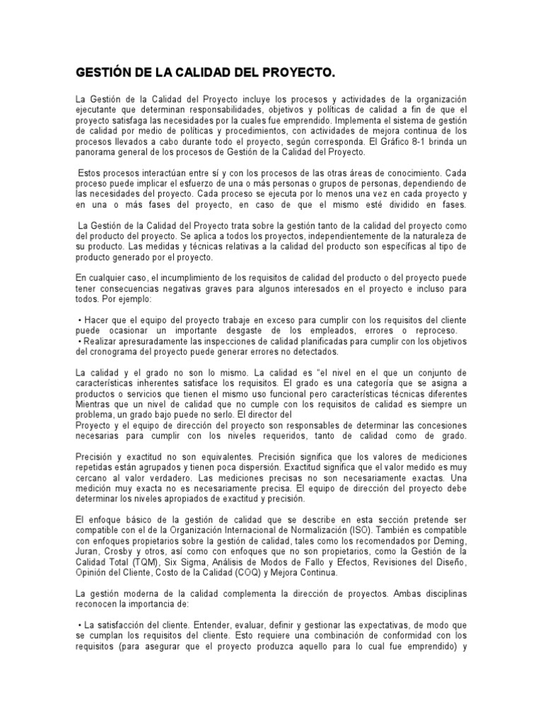 Gestión de La Calidad Del Proyecto | PDF | Gestión de la calidad ...