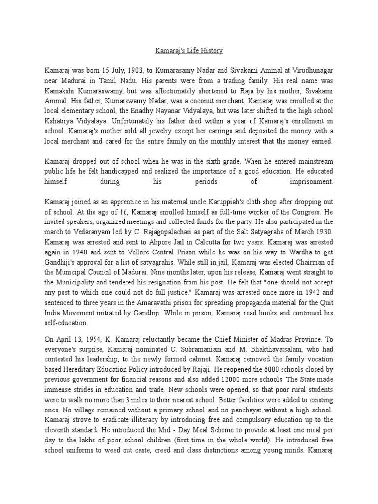 Kamarajar's Life History PDF Politics Of India Government
