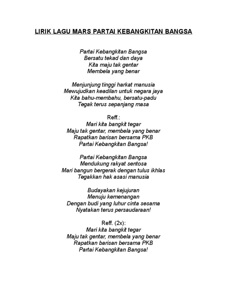 Lirik Lagu Mars Partai Kebangkitan Bangsa | PDF