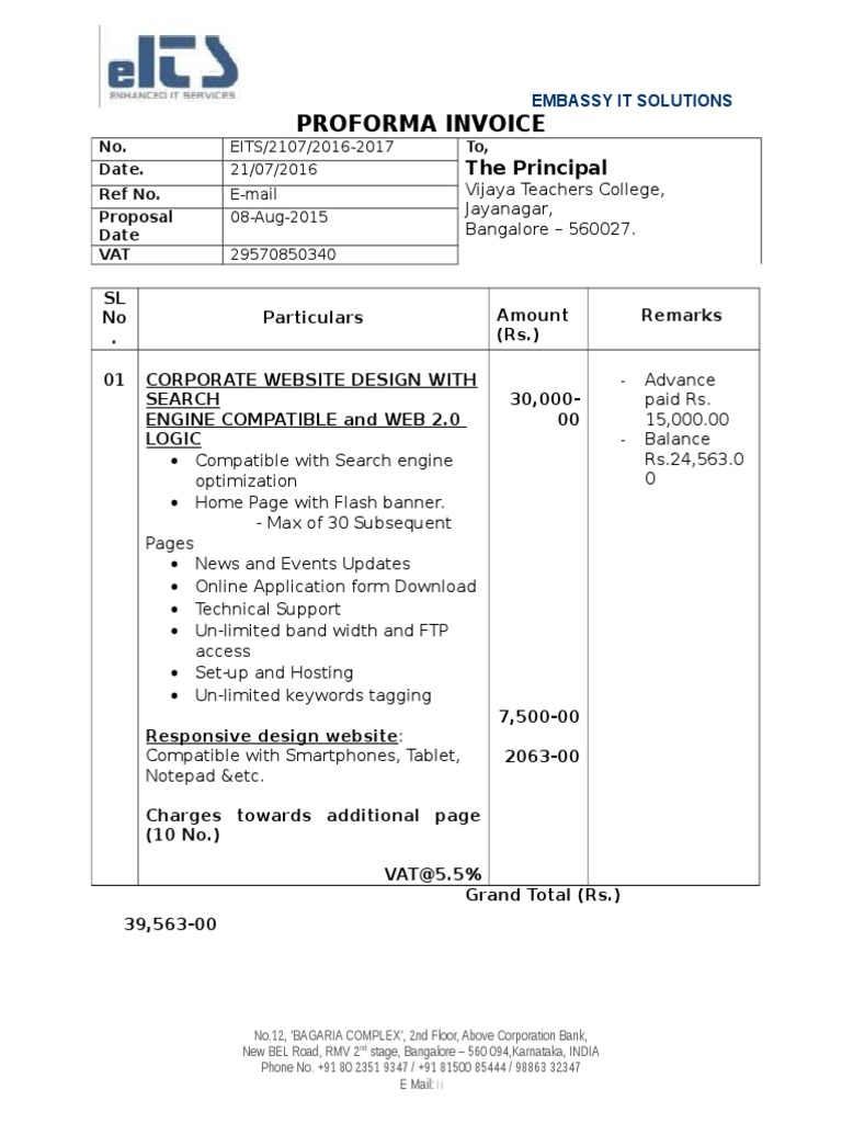Proforma Invoice for Website Design Services | PDF