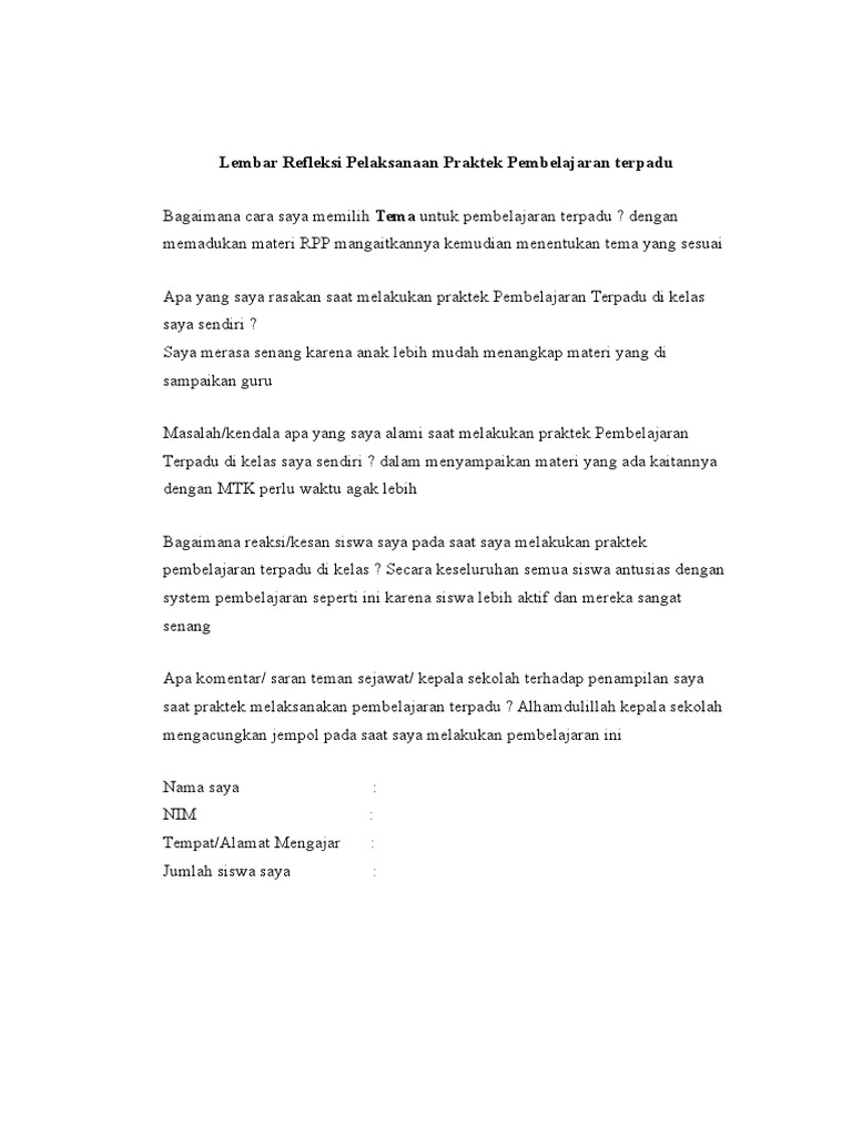 Lembar Refleksi Pelaksanaan Praktek Pembelajaran T Doc