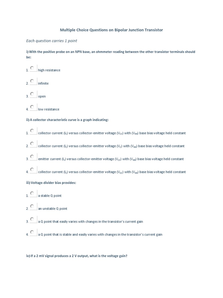 Multiple Choice Questions On Bipolar Junction Transistor PDF