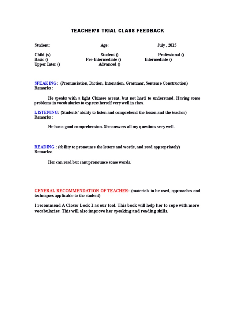 Teacher's Feedback on Trial Class | PDF