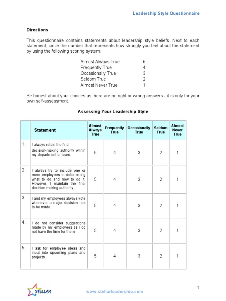 Leadership Style Assessment Tool | PDF | Leadership | Decision Making