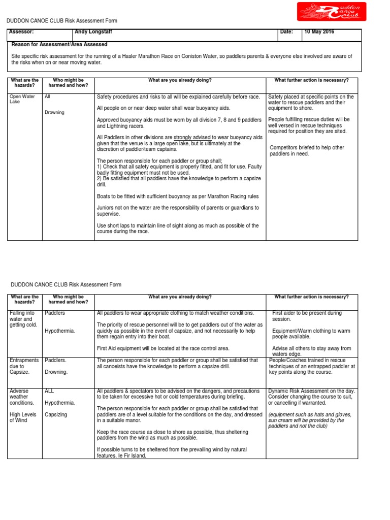 Duddon Canoe Club Race Risk Assessment | PDF | Hygiene | First Aid