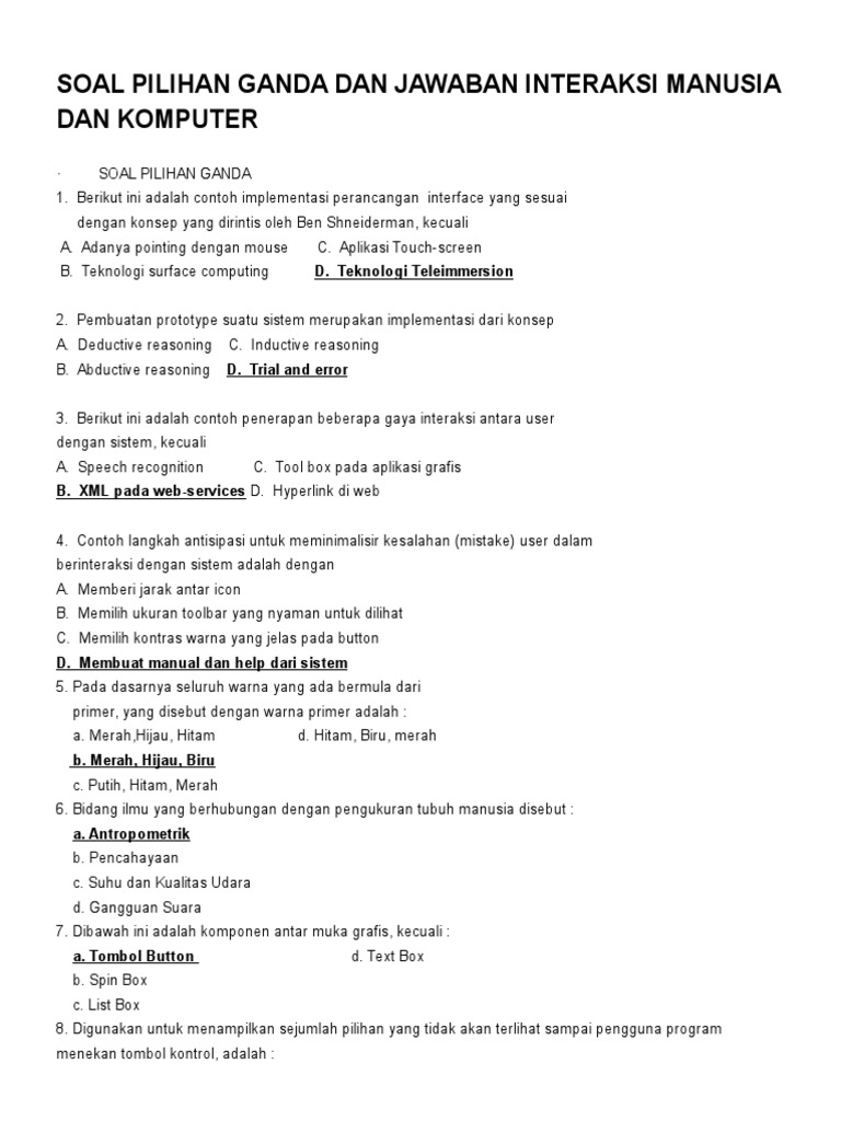 Soal Pilihan Ganda Dan Jawaban Interaksi Manusia Dan