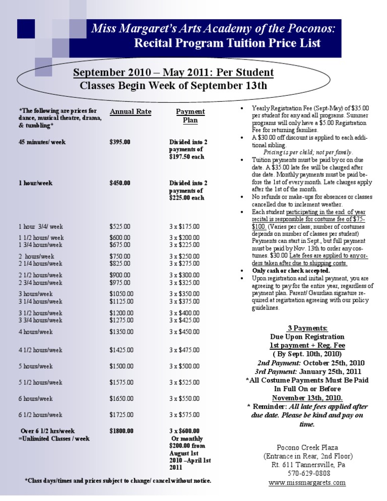 Miss Margaret's Arts Academy Tuition Rates | PDF | Fee | Tuition Payments