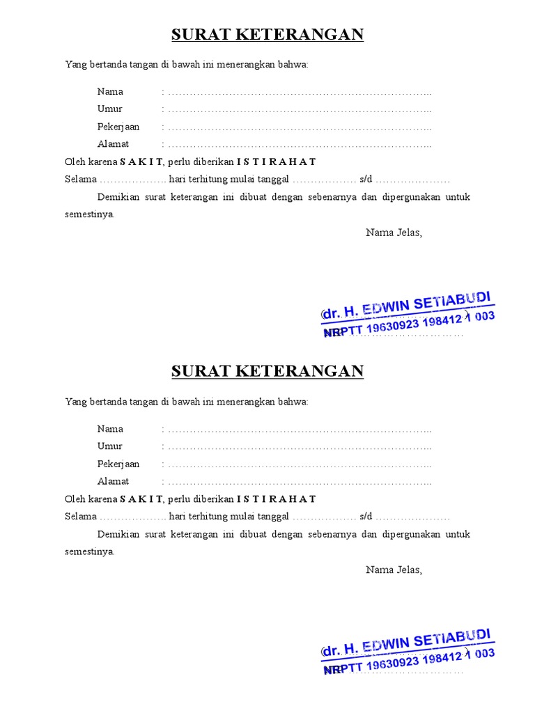 Contoh Surat Sakit Dokter 1 Hari Nusagates