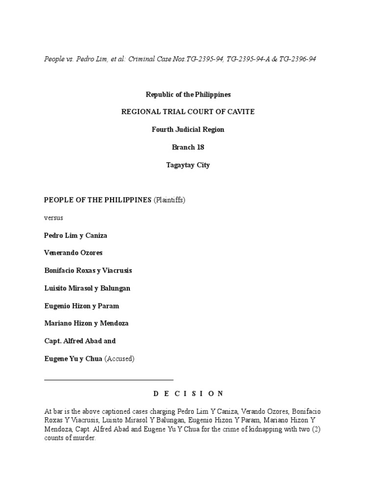 RTC Decision: People vs. Pedro Lim et al. | PDF | Burden Of Proof (Law ...