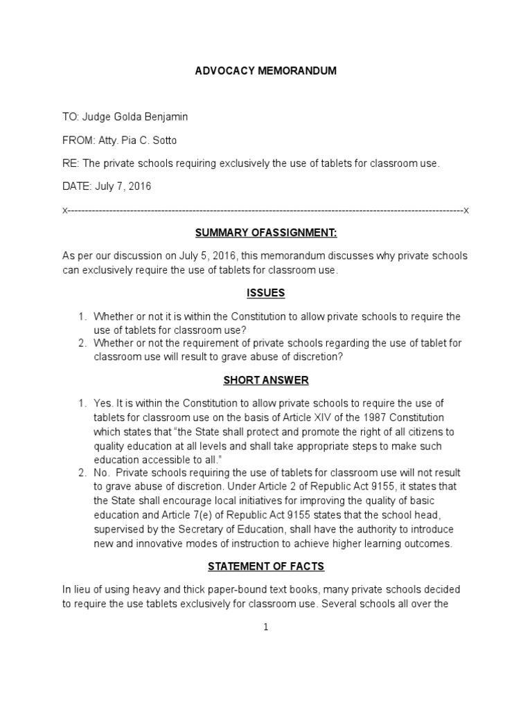 Advocacy Memorandum (Sample) Classroom Government