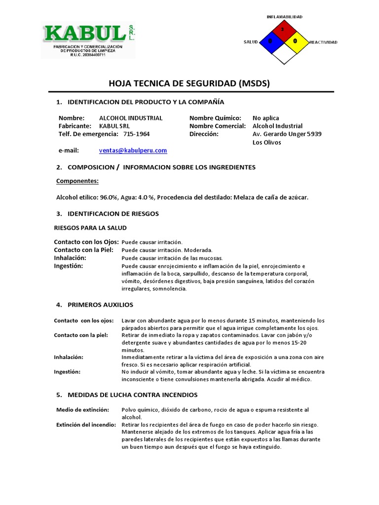 Alcohol Industrial (Sin Marca en Ficha Tecnica) Etanol Agua