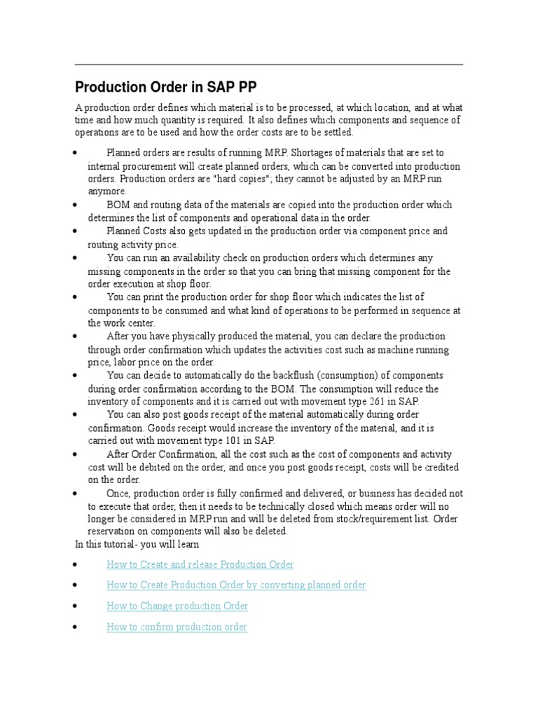 SAP PP Production Order Process Guide | PDF | Receipt | Inventory