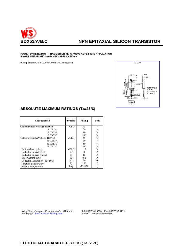Bdx53/A/B/C NPN Epitaxial Silicon Transistor | PDF