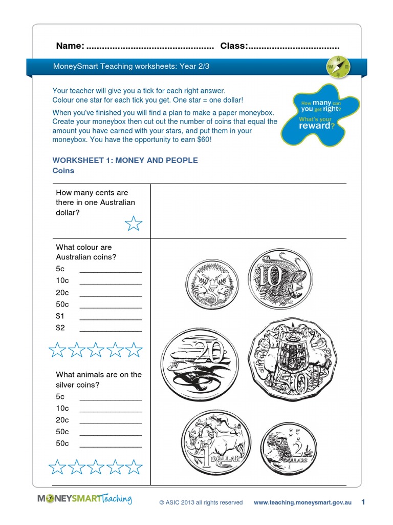 Year 2 Worksheet Australian Dollar Bankn!   ote - 