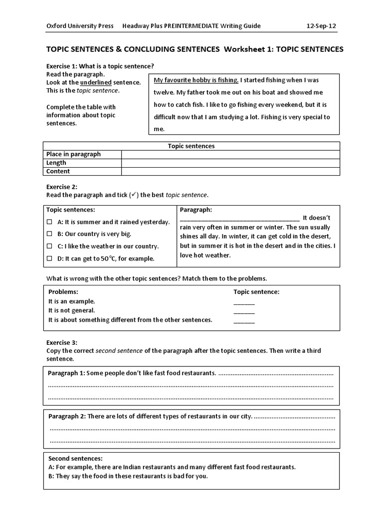 Worksheets Topic Sentence Worksheets worksheet topic sentence worksheets mytourvn study site 103 writing booklet hw introductory1 ellipsis paragraph