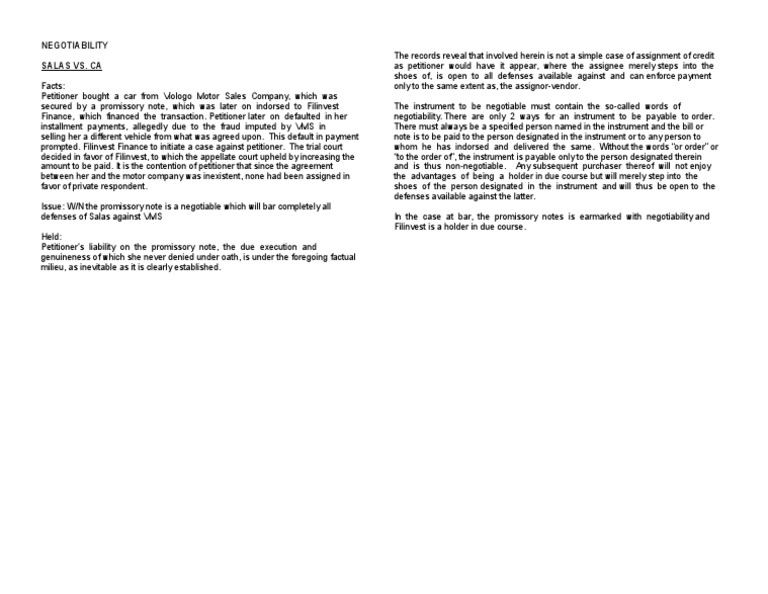 Promissory Note Negotiability Case Analysis | PDF | Law