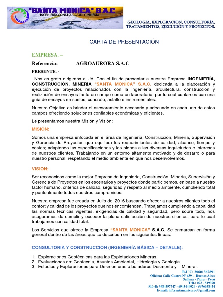 Modelo de Carta de Presentacion Minería Calidad (Negocios)