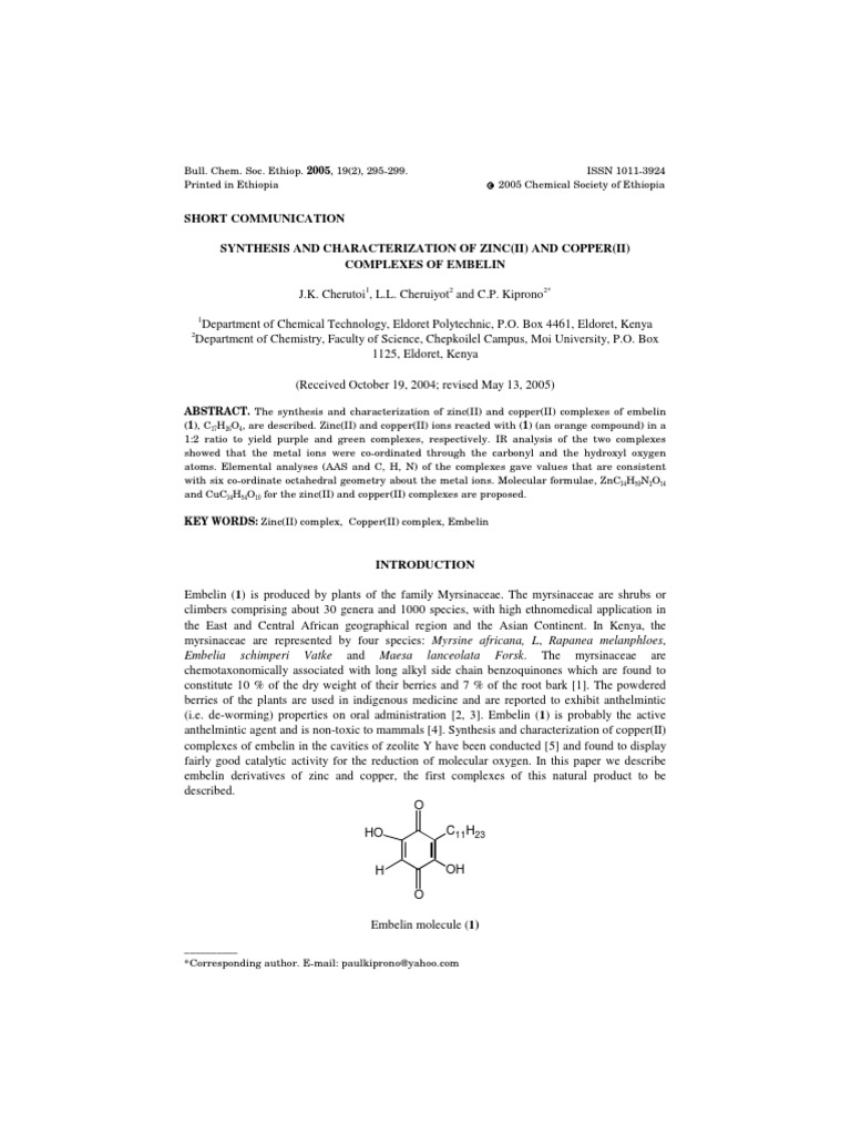 Synthesis and Characterization of Zinc (Ii) and Copper PDF | PDF ...