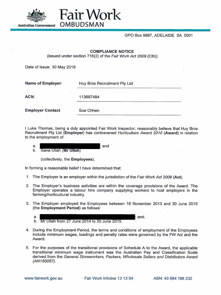Compliance Notice from Fair Work Ombudsman Employment Government