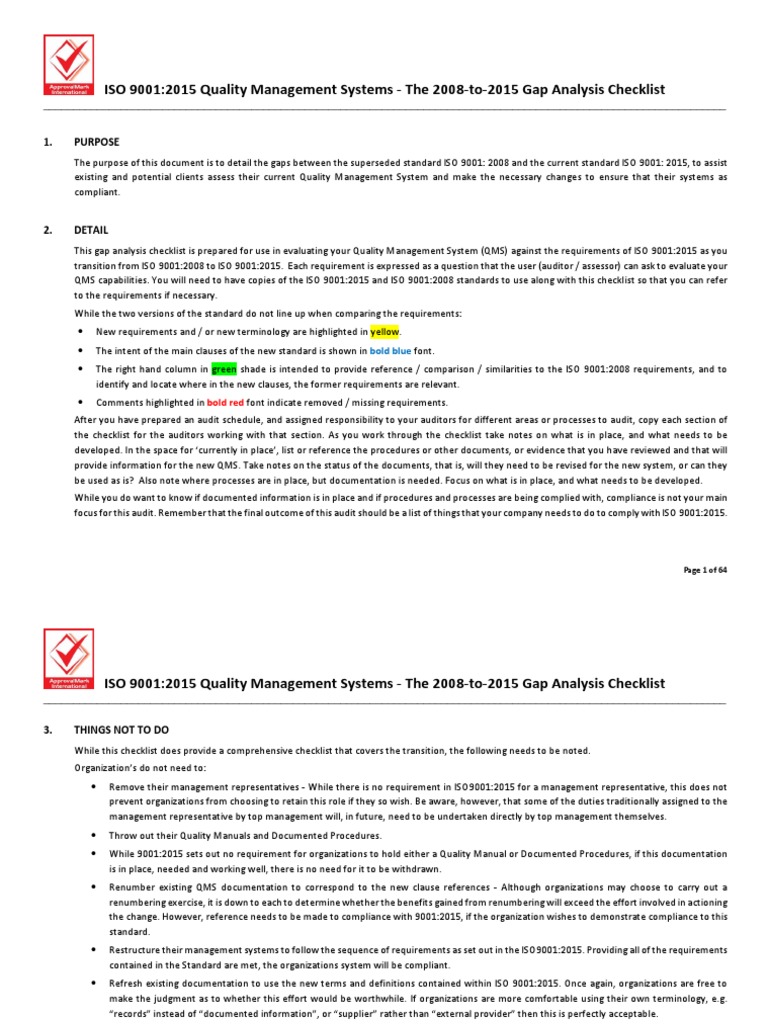ISO 9001:2015 Gap Analysis Checklist | PDF | Quality Management ...